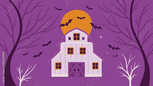 Cartoon halloween scene with haunted house pumpkins moon stars and spooky trees in purple background
