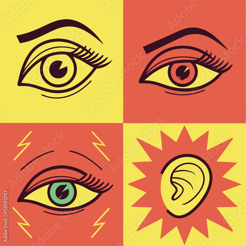 Four graphic panels featuring eyes and an ear in yellow and red collage