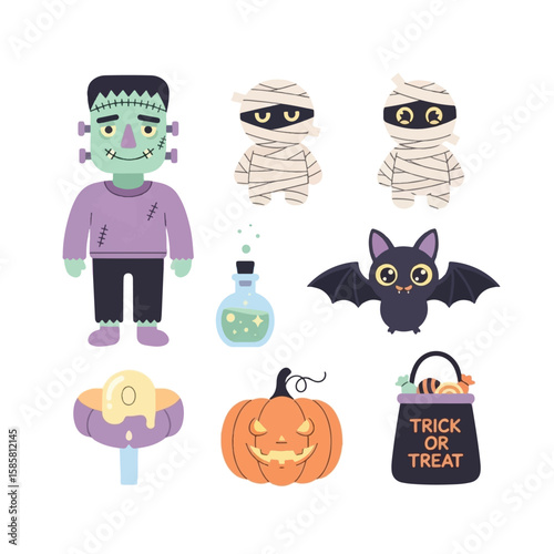 Cute Halloween characters and objects, including Frankenstein, mummies, a bat, a pumpkin, and a trick-or-treat bag.