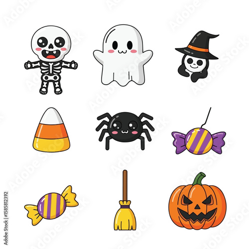 Cute cartoon Halloween icons featuring skeleton, ghost, witch, candy corn, spider, candy, broom, and jack-o'-lantern.