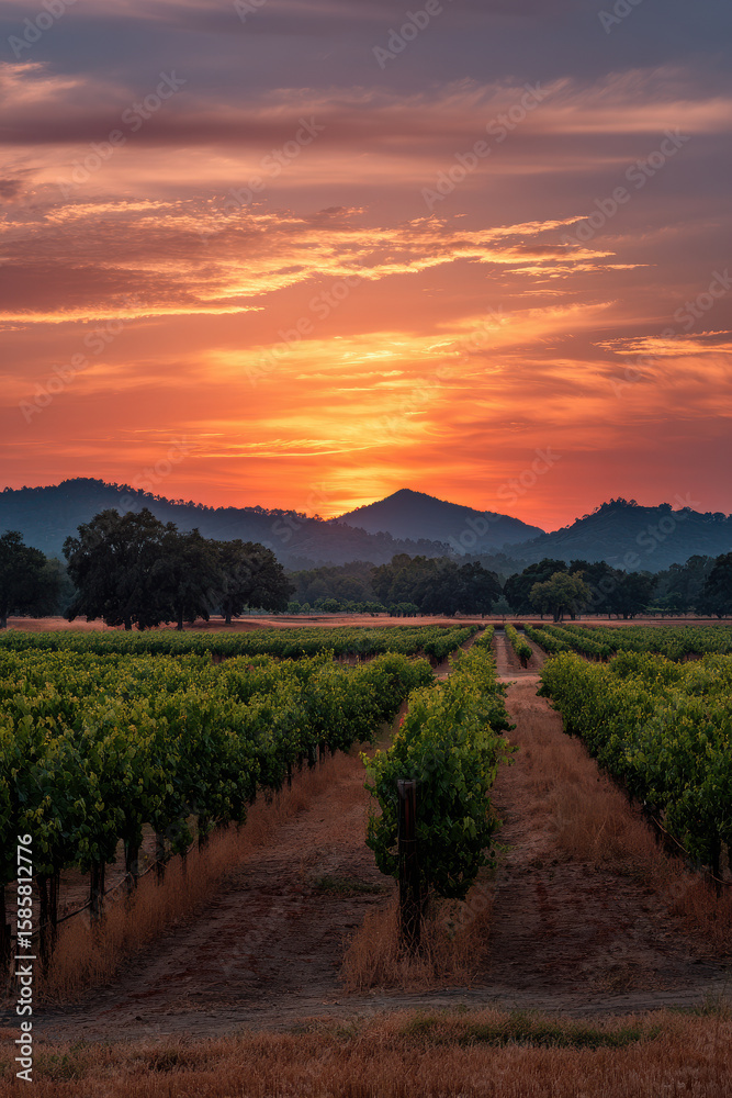 Naklejka premium stunning sunsets illuminating vineyards across different countries creating breathtaking visual feast