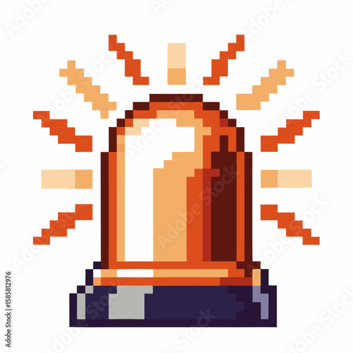 Pixel art emergency siren light, orange beacon alert icon with flashing rays retro alarm warning symbol, 8 bit illustration