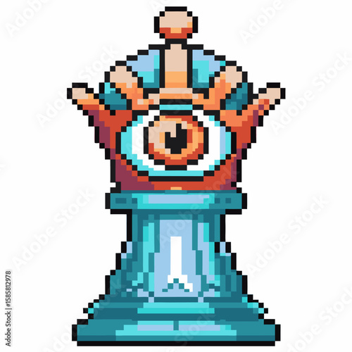 Pixel art magic scepter with open hand and mystical eye fantasy staff artifact, enchanted relic symbol for games and magic themes