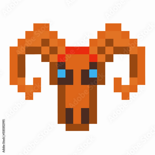 Pixel art ram head brown sheep with large curved horns, blue eyes, and red band retro animal icon, 8 bit digital illustration