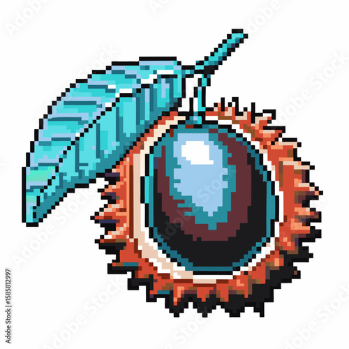 Pixel art chestnut with spiky shell and green leaf retro autumn nut, colorful 8 bit botanical food illustration