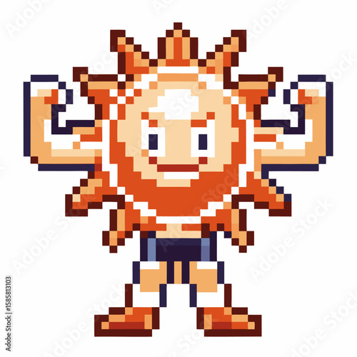 Pixel art sun character with strong arms and legs, cute smiling face, retro 8 bit mascot on white