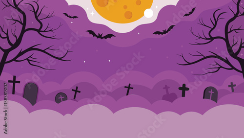 Halloween gate with pumpkin lanterns and full moon in a spooky night scene illustration design