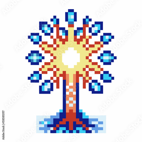 Pixel art abstract tree with luminous round center and blue geometric leaves, digital nature, creative computer graphics
