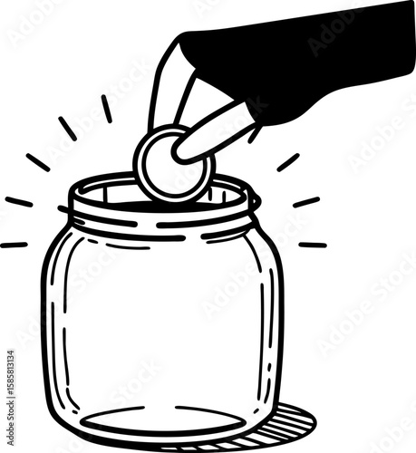 Hand placing coin into glass jar simple black and white line art, concept of saving money, donation, or budgeting