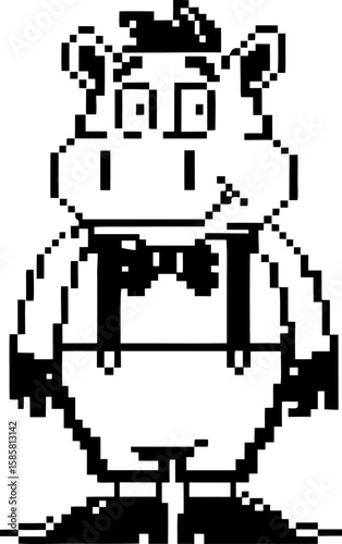 Retro pixel hippo character in bow tie and suspenders classic black and white 8 bit video game animal mascot