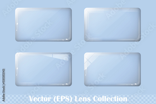 Transparent rectangle glass button set, rectangle lens set, realistic glass rectangle for buttons isolated on transparent background, vector (EPS) illustration