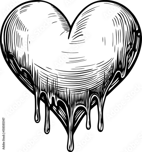 Melting heart illustration dripping love symbol, black and white hand drawn sketch, romantic design, emotional concept