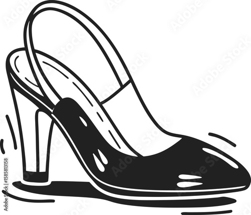 Elegant black high heel slingback shoe, minimalist ladies' footwear fashion icon illustration