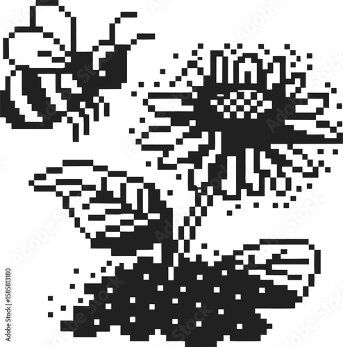 Pixel art bee approaching sunflower retro digital insect illustration, blooming flower, nature scene in black and white