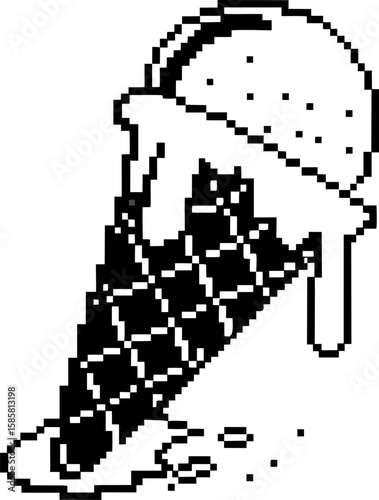 Melting pixel ice cream cone dripping retro digital art, pixelated dessert, black and white, minimalist food illustration