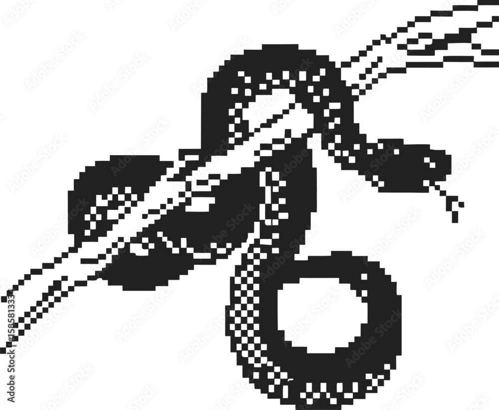 Pixel art snake coiled on tree branch retro monochrome digital illustration, reptile animal, 8 bit design