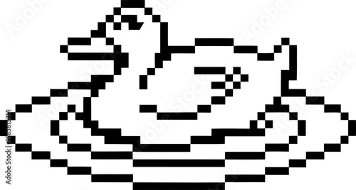Pixelated duck floating on water, retro 8 bit illustration minimalist black and white aquatic animal, vintage digital art