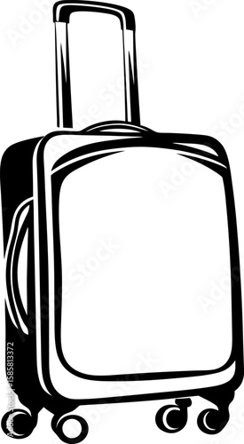 Modern hard shell rolling suitcase with extended telescopic handle, minimalist black and white illustration, travel luggage concept