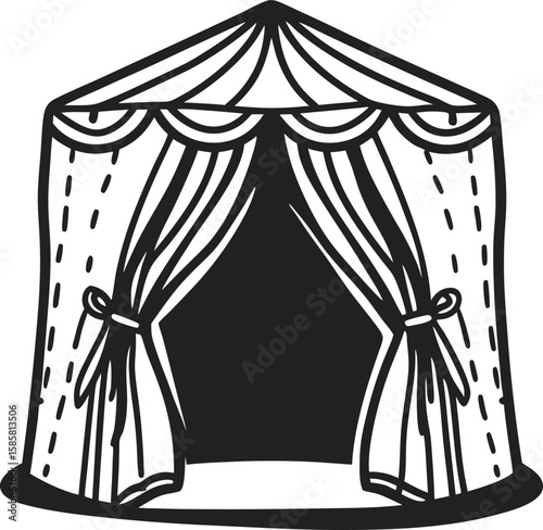Circus tent illustration with open curtains hand drawn festival marquee icon, entertainment event symbol, black and white doodle