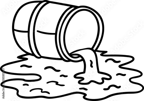 Spilled liquid from overturned barrel, outline drawing messy leak, dripping container, disaster cleanup hazard illustration