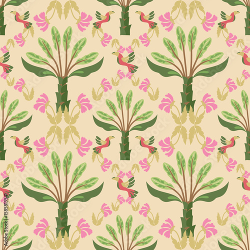 Tropical seamless pattern with hand drawn palm trees. Hawaiian florals summer background