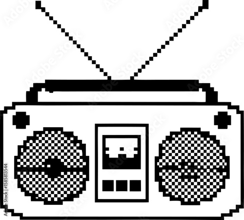Retro pixel art boombox with cassette tape and antennas vintage audio player, classic radio, old school music device