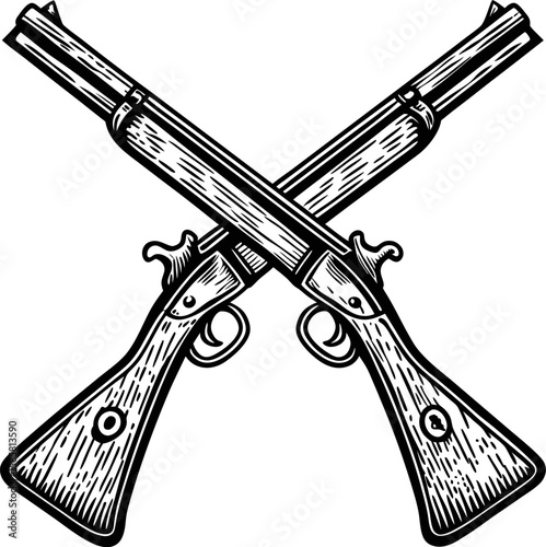 Crossed vintage shotguns illustration, detailed hand drawn engraving arms, classic hunting firearms, antique weaponry design