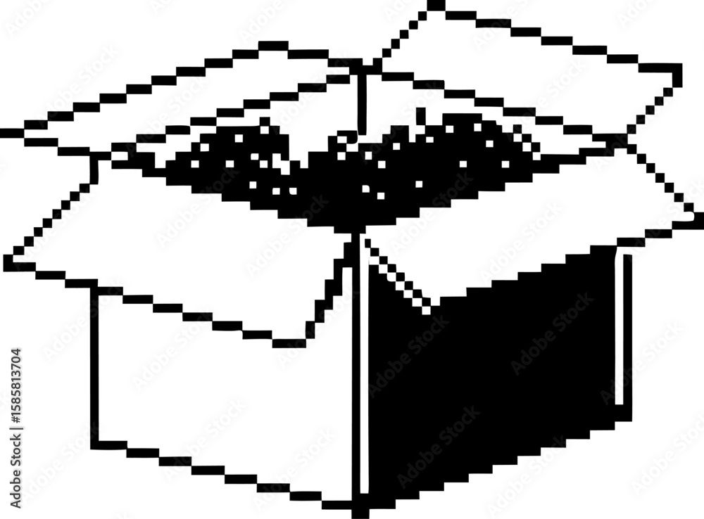 Fototapeta premium Open cardboard box filled with contents, pixel art retro digital package, shipping, delivery, storage, pixelated icon