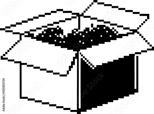 Open cardboard box filled with contents, pixel art retro digital package, shipping, delivery, storage, pixelated icon