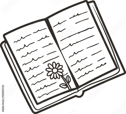 Open book with handwritten text and daisy flower nostalgic literature, personal diary, meaningful memories, journaling concept