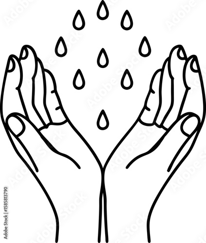 Open hands receiving water drops, line art icon clean water, environmental care, conservation, sustainability, hygiene concept