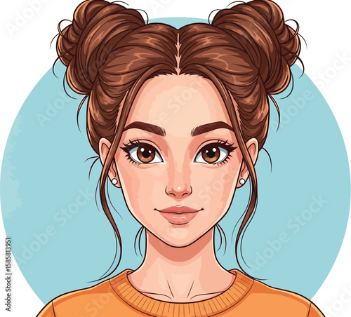 Cartoon portrait illustration of a young woman with space buns hairstyle