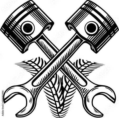 Crossed pistons and wrenches with tire tread automotive repair, mechanics tools, engine maintenance emblem design