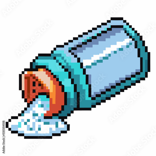 Spilled salt shaker in pixel art retro pixelated kitchen seasoning, cooking ingredient on white background