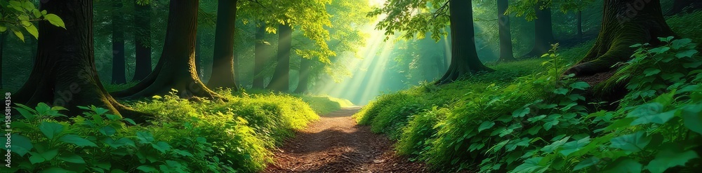 Fototapeta premium Serene forest trail winding through lush greenery, dappled sunlight filtering through leaves, creating a magical atmosphere Perfect for adventure, nature, travel, and hiking themes , scenery, trees