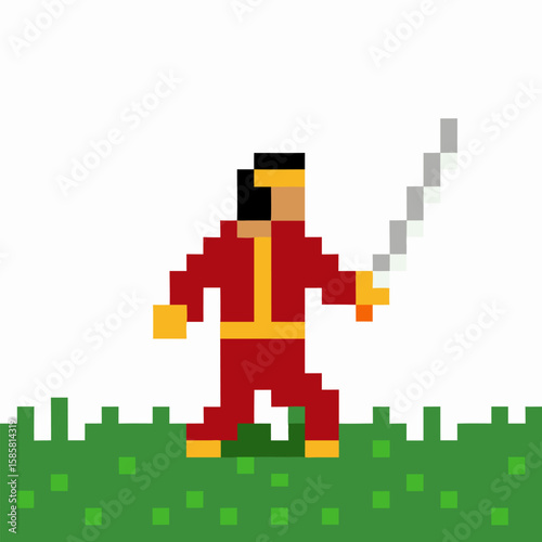 Pixel art martial artist with yellow belt wielding sword retro fighter character on grass, minimal 8 bit illustration
