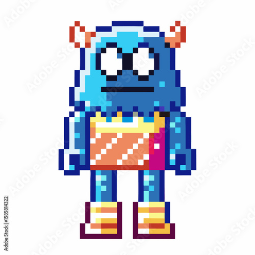 Colorful pixel art blue monster character with orange horns and striped outfit, retro game fantasy comic design