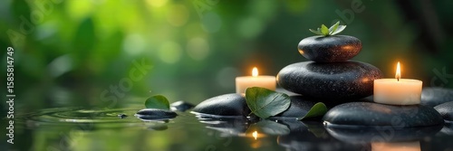 Serene spa scene featuring smooth stones, calming candles, and lush greenery, promoting tranquility and well-being Perfect for relaxation, wellness, and healing imagery , refresh, tranquility