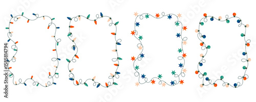 Vertical rectangular Christmas light string stylized frame. Festive vector bulb garland border.