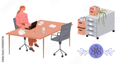 Female professional focused on laptop at office desk surrounded by files and documents. Filing cabinet with plants adds organization. Atom graphic hints at scientific ideas. Ideal for work