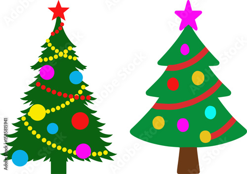 Decorated christmas trees with colorful ornaments 