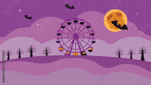 A ferris wheel and bats flying under a full moon in a spooky halloween night scene with trees