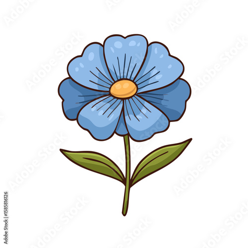 Simple blue flower with green leaves. Suitable for spring themed designs, stationary, botanical prints, nature themed websites, greeting cards, nature related social media posts