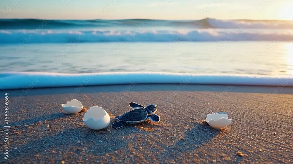 A tiny sea turtle emerges from its shell onto the beach, with remnants of its egg shell nearby. Sunrise over the ocean