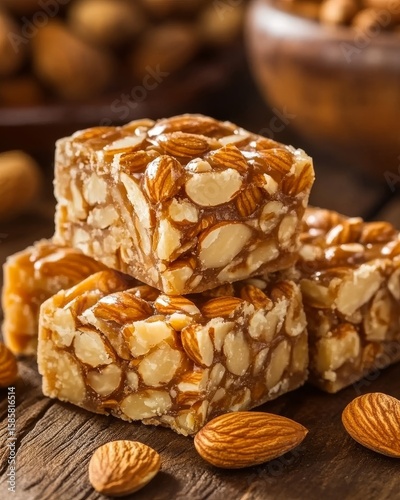Stacked Almond Squares on Wooden Surface