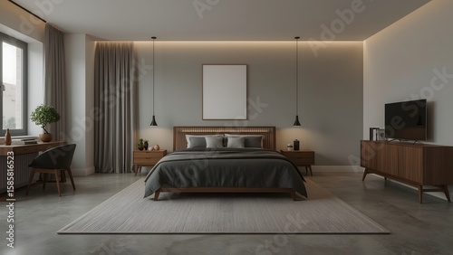 Modern minimalist bedroom interior:  calm evening ambiance, wooden bed, neutral tones, contemporary design, large rug, flat screen TV.