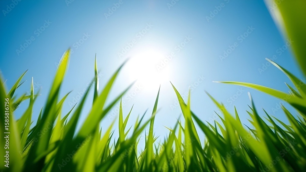 Fototapeta premium Low angle view of vibrant grass with sunlight and clear sky background.