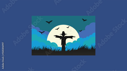 Silhouette of a scarecrow standing in a field at night with bats flying under a full moon sky scene