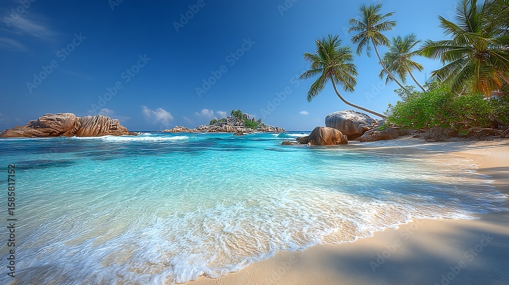 Fototapeta premium Exotic Beach Paradise with Turquoise Water and Palm Trees