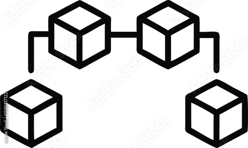 Outline icon of a blockchain network represented by connected cube nodes on white
